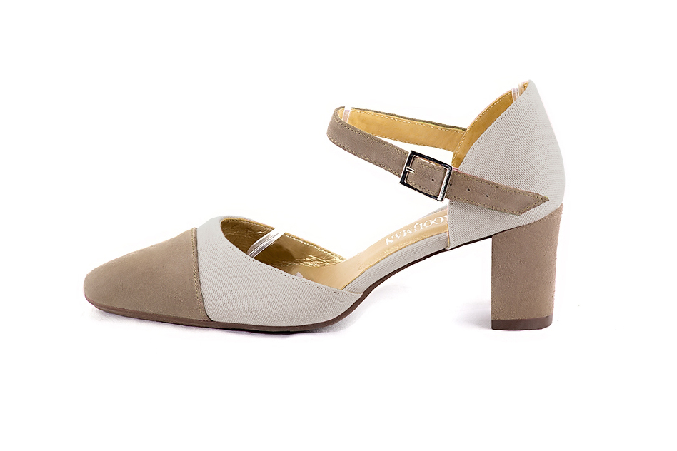 Women's tan beige and off white open side dress shoes, with an instep strap. Round toe. Medium block heels - Profile view